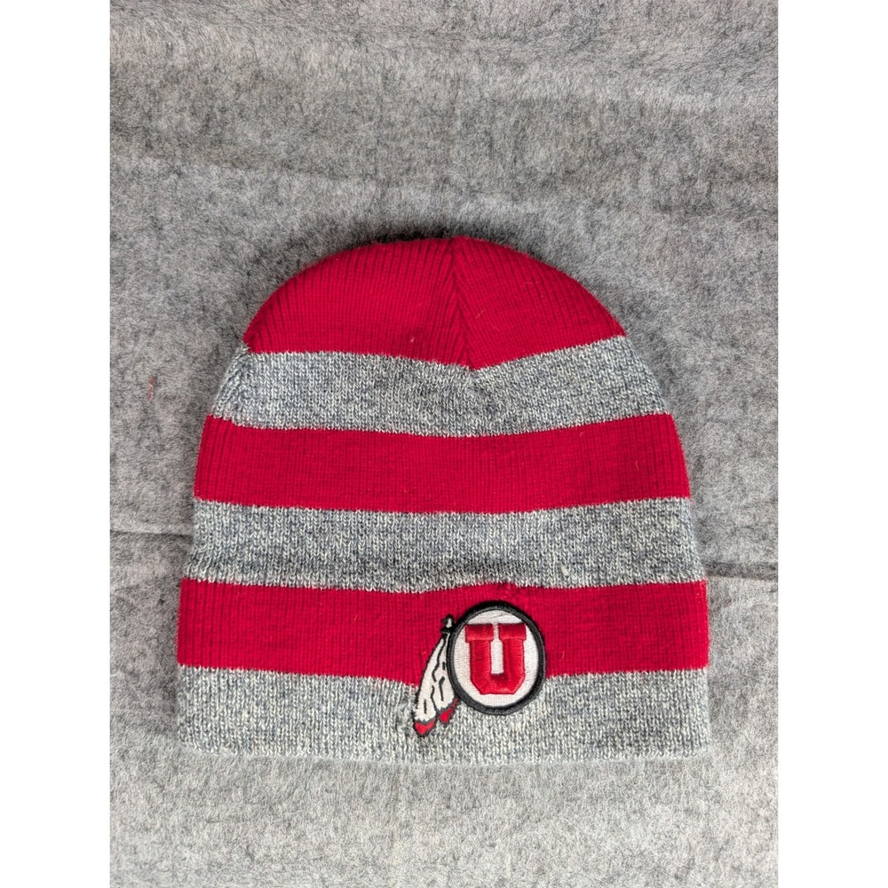 Utah Utes Beanie Hat Red Grey Striped Knit Cap NCAA Collegiate Licensed Product